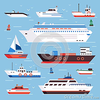 Sea ships. Cartoon boat powerboat cruise liner navy shipping ship and fishing boats isolated front view vector Vector Illustration