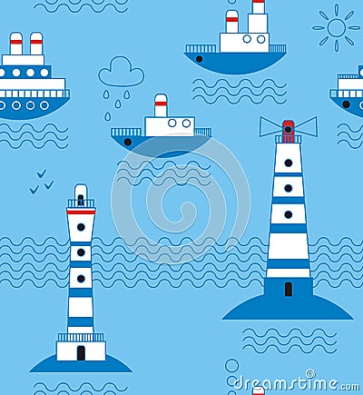 Sea, ships, lighthouses, seagulls, clouds, sun Stock Photo