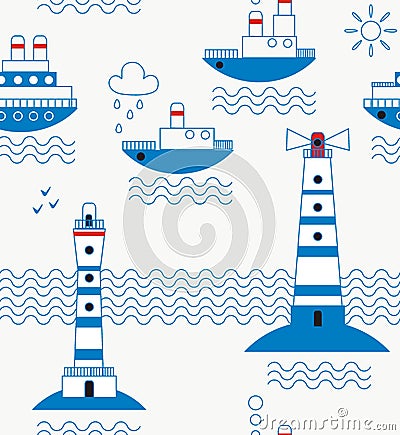 Sea, ships, lighthouses, seagulls, clouds, sun Stock Photo