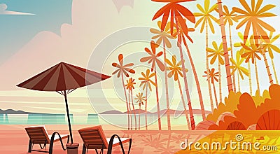 Sea Shore Beach With Deck Chairs On Sunset Beautiful Seaside Landscape Summer Vacation Concept Vector Illustration