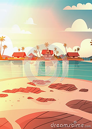 Sea Shore Beach With Villa Hotel Beautiful Sunset Seaside Landscape Summer Vacation Concept Vector Illustration