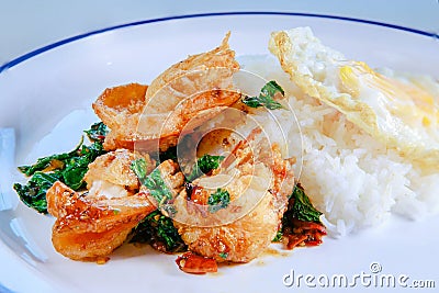 Sea shrimp fried with basil and red chily thailand street food style Stock Photo