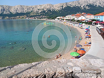 Sea sky blue water ocean beach people tourist aquapark season mountain hotels apartments rock summer Editorial Stock Photo