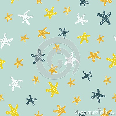 Sea stars seamless vector pattern background with colorful cartoon starfish. Travel sea background for fabric, wallpaper Vector Illustration