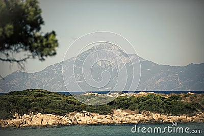 Sea and stony seashore landshaft covered with green plants. Nature on sunny day. Beautiful landscape with high mountain Stock Photo