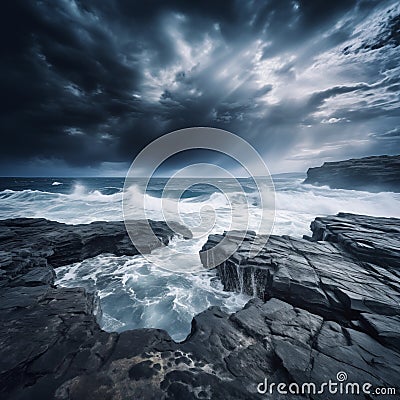 sea stormy landscape over rocky coastline Stock Photo