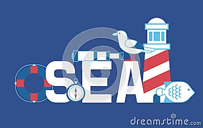 Sea summer adventure banner vector illustration. Nautical collection of things such as lighthouse, compass, spyglass Vector Illustration