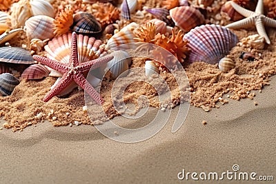 Sea summer holidays concept. Sea sand with colorful starfishes, seashells, corals and dry seaweed. Stock Photo
