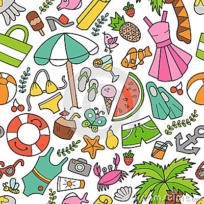 Sea and summer. Seamless pattern in doodle and cartoon style. Color. Vector Illustration