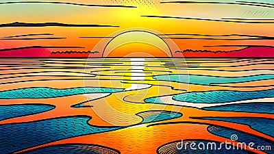 Sea at sunset - Comic book style seascape Cartoon Illustration