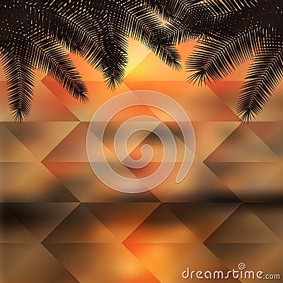 Sea sunset with palmtree. Geometric background. Vector Illustration