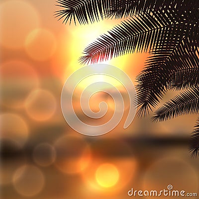 Sea sunset with palmtree leaves and light on lens Vector Illustration