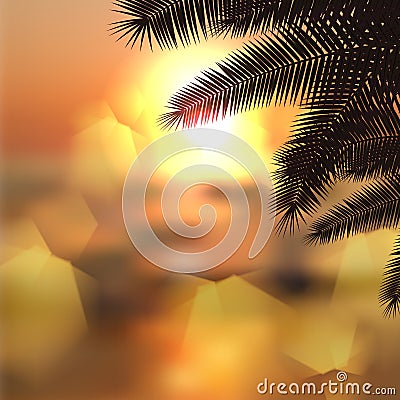 Sea sunset with palmtree leaves and light on lens Vector Illustration