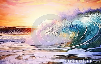 Sea Sunset Watercolored Pencil Mixed Luministic Oil, Ocean Coast, Seascape at Sunset Drawing Imitation Stock Photo