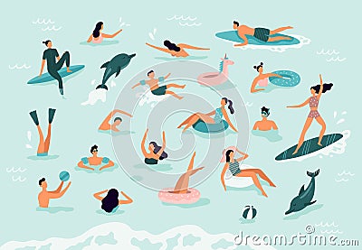 Sea swimming. Active people diving, swim with dolphins and surfing. Summer ocean swimming vector illustration Vector Illustration