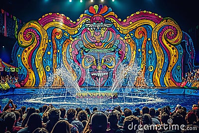 Sea-themed circus with a venomous liquid fountain centerpiece, mesmerizing spectators Cartoon Illustration