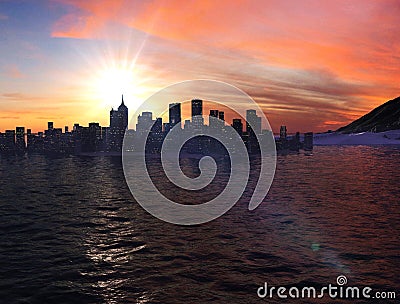 Sea town on the background of the sunrise Stock Photo