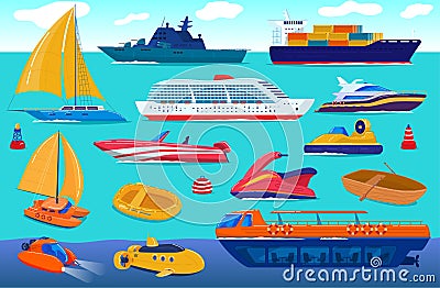 Sea transport, travel ship, water vessels, cruise yacht transportation set of cartoon vector illustration. Vector Illustration