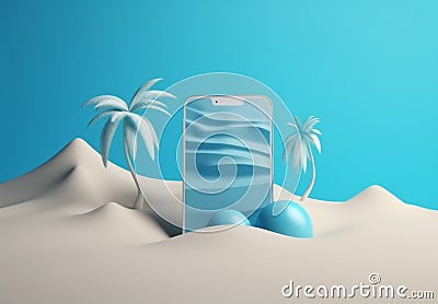 sand concept summer mock holiday cyber palm up phone sea creative. Generative AI. Cartoon Illustration