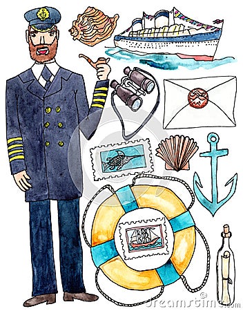 Sea travel cruise set - watercolor illustration on white Stock Photo