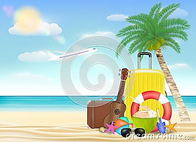 Sea travel object with sun glasses suitcase ukulele safety torus beach ball with beach background Vector Illustration