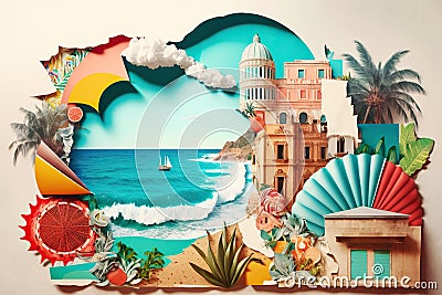 Sea travel vacation beach holidays concept. Retro paper art collage. Generative AI Stock Photo