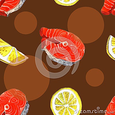 Sea trout fish with lemon, watercolor painting illustration on a white paper art background Cartoon Illustration