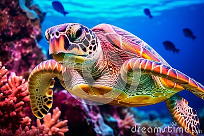 sea turtle close up over coral reef Stock Photo