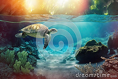 Sea turtle in crystal clear water. Amazing crystalline seabed. Reef full of life. Generative AI Stock Photo