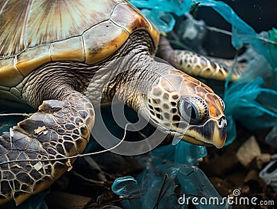 Sea Turtle Entangled: Stark Reminder of Marine Plastic Pollution Stock Photo