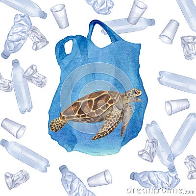Sea turtle got entangled in a plastic bag. Ocean pollution. Great Pacific Garbage Patch. Disposable blue transparent Cartoon Illustration
