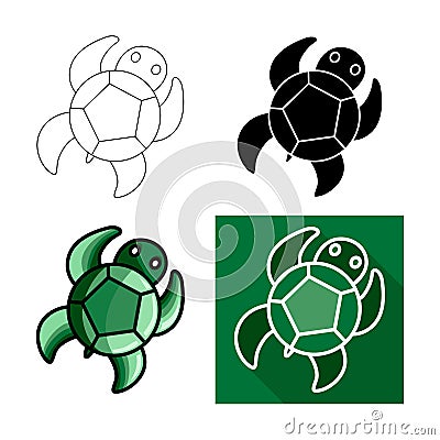 Sea turtle icon, Vector flat long shadow design.Lines turtle.Black turtle. Green turtle Vector Illustration