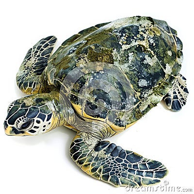 A sea turtle with its shell covered in algae, isolated on white background Ai Generared Stock Photo