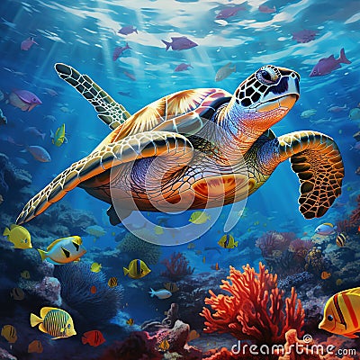 Sea turtle with school of fish French Polynesia Cartoon Illustration