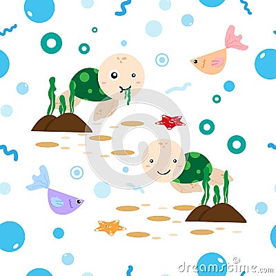 Sea turtle, seaweed, starfish and fish in the ocean cute cartoon Vector Illustration