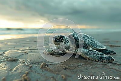 Sea Turtle on Shore at Golden Sunset. Generative AI Stock Photo