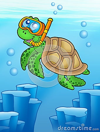 Sea turtle snorkel diver underwater Cartoon Illustration