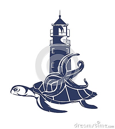 Sea turtle, starfish and lighthouse tower blue and white vector outline Vector Illustration