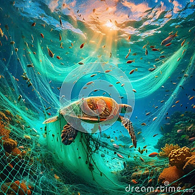 A sea turtle struggles in a net underwater. Generative AI Stock Photo