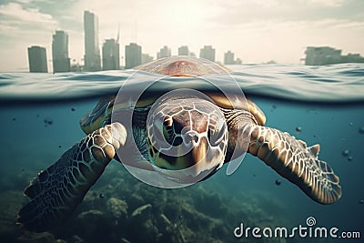 Sea turtle swimming in the ocean, big city above, environment pollution, danger to maritime animal, protect the habitat Stock Photo