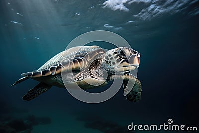 sea turtle swimming underwater, its sleek and powerful body gliding through the water Stock Photo