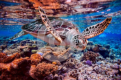 Sea turtle swims under water on the background of coral reefs Stock Photo