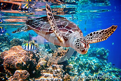 Sea turtle swims under water on the background of coral reefs Stock Photo