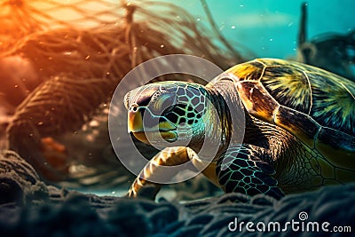 A sea turtle tangled in discarded fishing nets, serving as a reminder of the harmful effects of ghost fishing gear on marine life Stock Photo