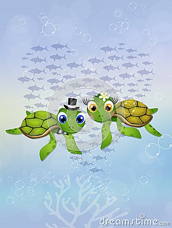 Sea turtles in in the ocean Cartoon Illustration