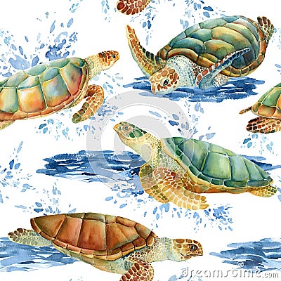 Sea turtles watercolor, nature background, seamless pattern Cartoon Illustration