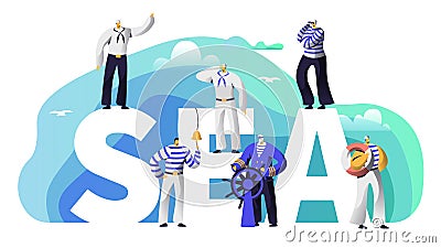 Sea Typography Banner Sailor Character. Old Beard Captain at Steering Wheel Sail to Adventure. Marine Character Vector Illustration