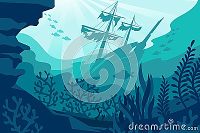Sea underwater background. Deep ocean bottom with seaweeds, sunken ship, coral and fishes silhouettes. Undersea diving Vector Illustration