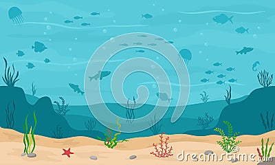 Sea underwater background. Marine sea bottom with underwater plants, corals and fishs. Vector Illustration