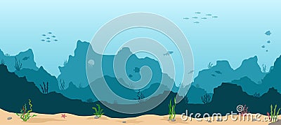 Sea underwater background. Marine sea bottom with underwater plants, corals and fishs. Panoramic seascape. Vector Illustration